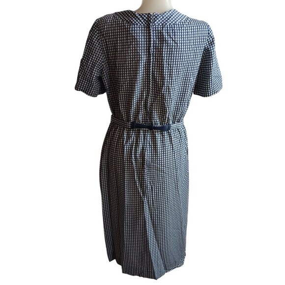 Vintage Gingham Dress Blue & White Short-Sleeve Belted Waist Back Zipper 1960's - Picture 4 of 7